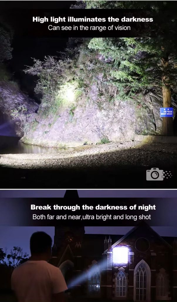 Ultra-bright LED flashlight beam reaching across a dark outdoor area