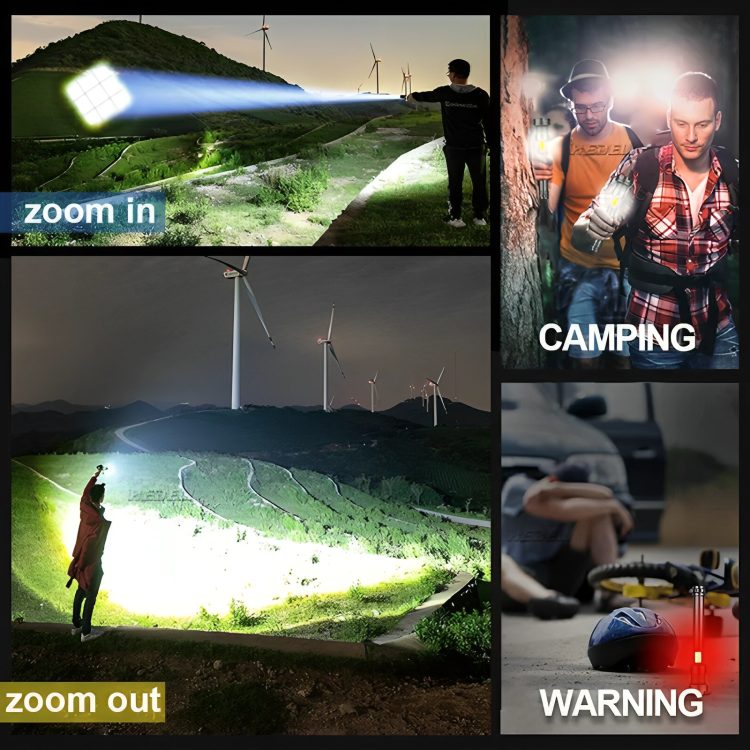 Adjustable zoom head sliding between wide flood and focused spot beam