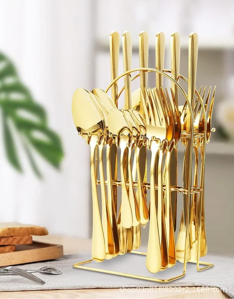 24-piece gold cutlery set on its hanging stand