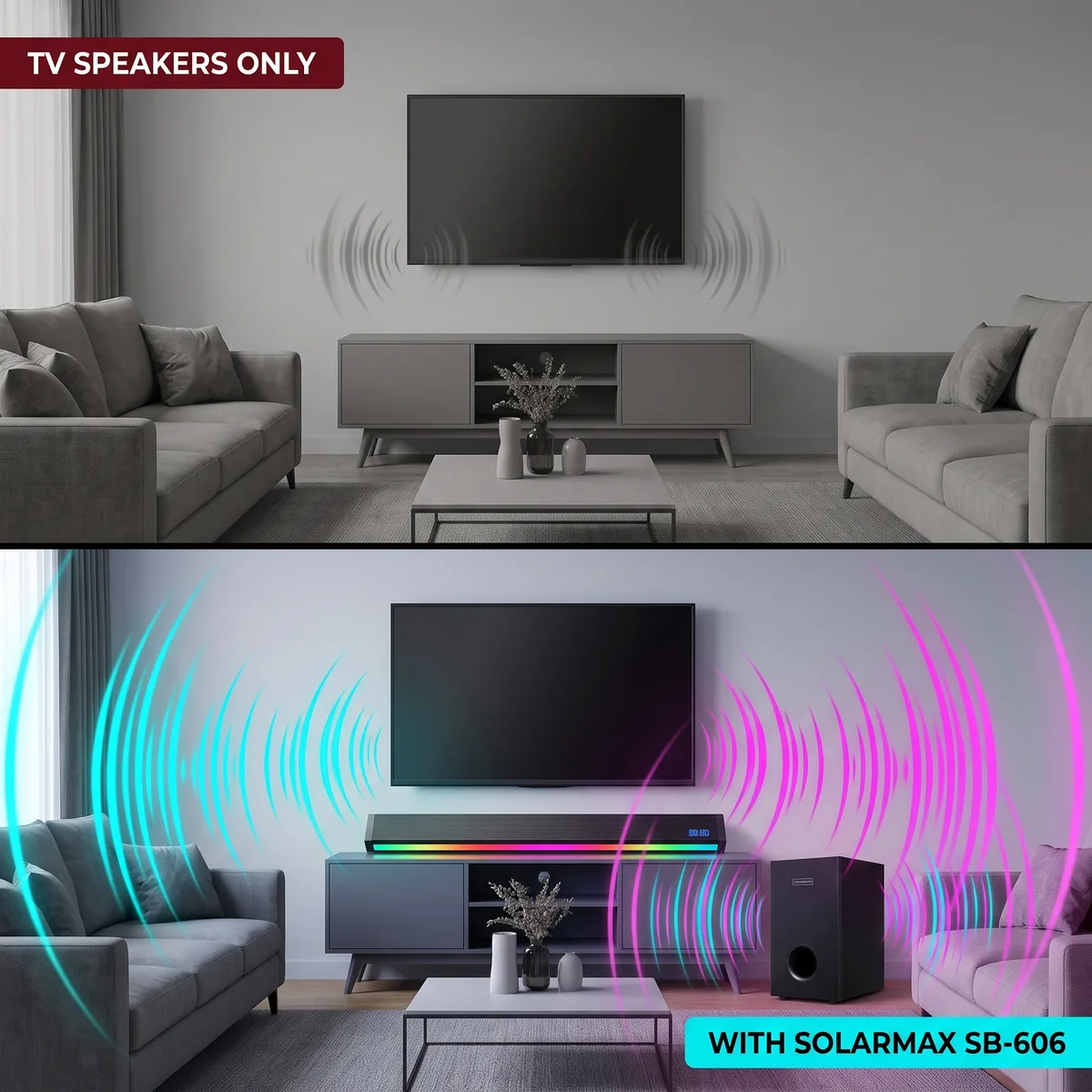 TV speakers only vs with Solarmax SB-606
